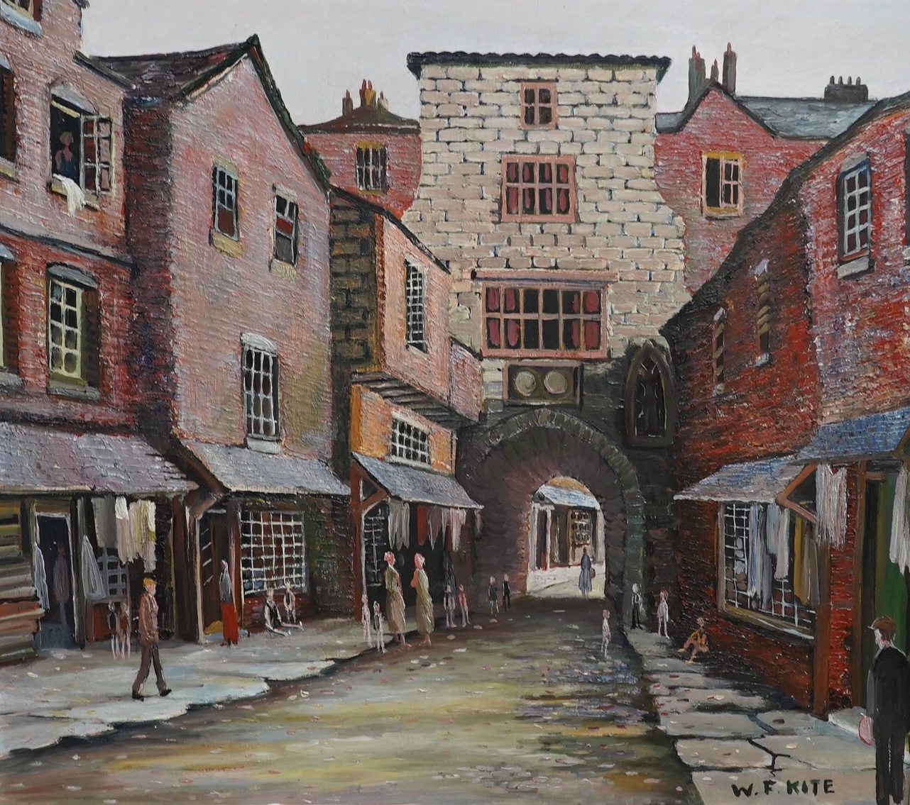 W F Kite (20th. C), oil on board, ‘Old Newcastle street scene’, signed, 39 x 44cm. Condition - good